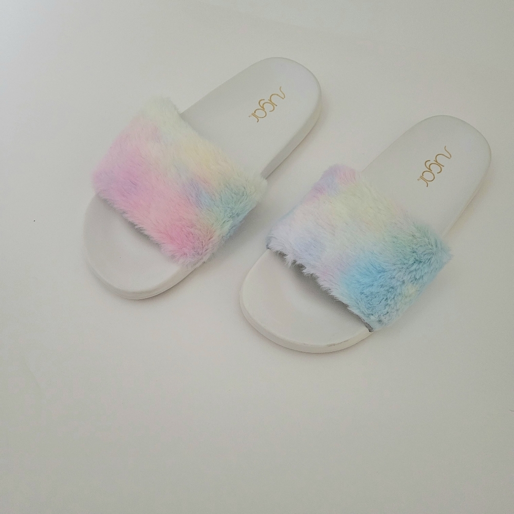 Tie dye rainbow fluffy barbiecore slippers
